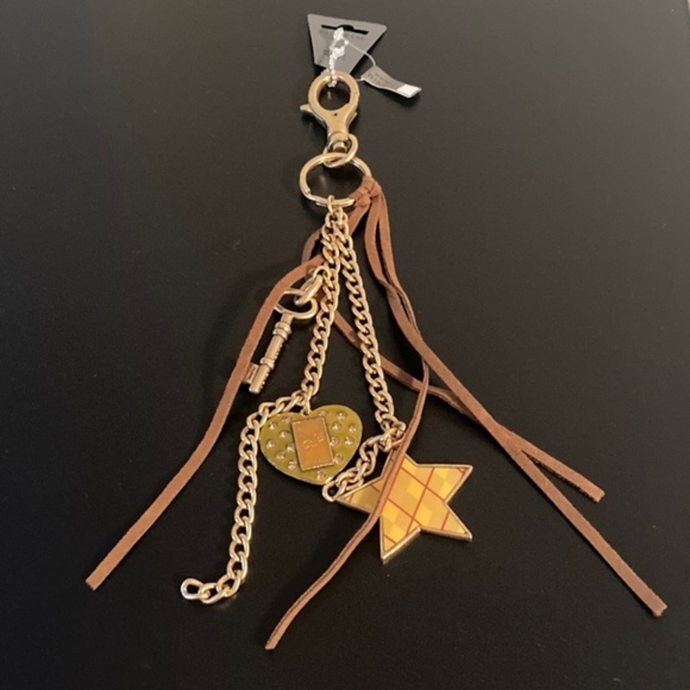 Pilgrim Gold and Tan Key Holder or bag charm with Heart and Star Charms